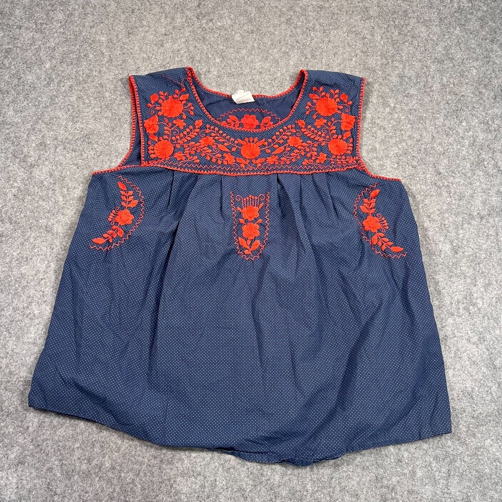 Sister‎ Mary Navy Blue Polka Dot Red Floral Embroidered Top Women's Size Large